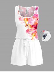 Hibiscus Flower Watercolor Print Cinched Hawaii Romper -  