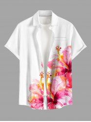 Hibiscus Flower Watercolor Print Buttons Pocket Hawaii Shirt For Men -  