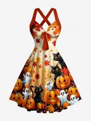 Halloween Pumpkin Cat Ghost Maple Leaves Print Crisscross Straps Bowknot Tank Dress -  