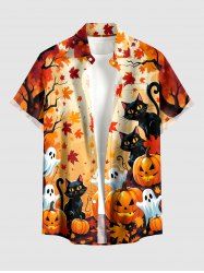 Halloween Pumpkin Cat Ghost Maple Leaves Print Buttons Pocket Shirt For Men -  
