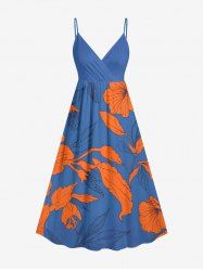 Flower Leaf Print Hawaii Surplice A Line Dress -  