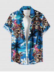 Chemise hawaïenne à boutons et poche pour homme, avec imprimé crânes pirate perroquet cocotier fleurs vagues marines - Pers S