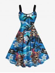 Skulls Pirate Parrot Coconut Tree Flower Sea Waves Print Hawaii A Line Dress -  