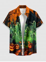 Halloween Pumpkin Lantern Ghost Castle Print Button Pocket Shirt For Men -  