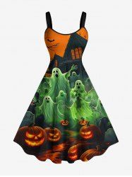 Robe trapèze à imprimé Halloween : citrouille, lanterne, fantôme, château - Vert 5X