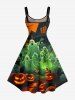 Robe trapèze à imprimé Halloween : citrouille, lanterne, fantôme, château - Vert 5X