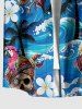Chemise hawaïenne à boutons et poche pour homme, avec imprimé crânes pirate perroquet cocotier fleurs vagues marines - Pers S