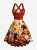 Halloween Pumpkin Cat Ghost Maple Leaves Print Crisscross Straps Bowknot Tank Dress -  