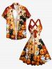 Halloween Pumpkin Cat Ghost Maple Leaves Print Crisscross Straps Bowknot Tank Dress -  