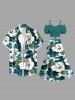 Jupe Hawaii fendue à imprimé fleurs et feuilles d'hibiscus - Turquoise Foncée XS