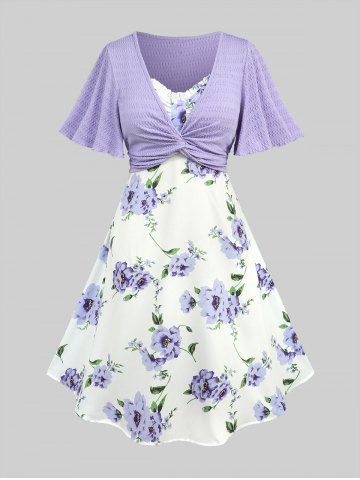 Plus Size Twisted Plunging Crop Top and 3D Flower Print Spaghetti Strap Cottagecore Dress - PURPLE - 1X | US 14-16
