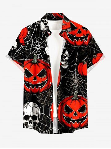 Halloween Pumpkin Spider Web Skulls Print Buttons Pocket Shirt For Men - RED - L