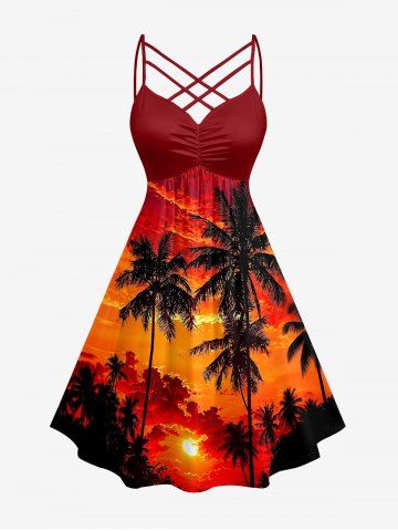 Robe Hawaï à imprimé palmier, soleil et nuages, froncée, bretelles entrecroisées en treillis - BRICK RED - L