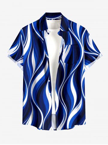 Chemise hawaïenne pour homme à imprimé colorblock courbe, boutons et poche