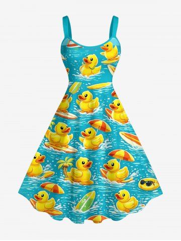 Duck Sea Waves Coconut Tree Print Hawaii Tank Dress(Adjustable Shoulder Strap) - TURQUOISE - 6X