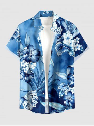 Tropical Leaf Hibiscus Flower Print Hawaii Button Pocket Shirt For Men - BLUE - 4XL