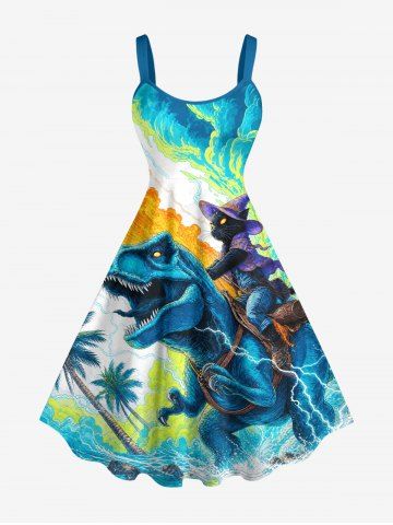 Robe en A imprimé cocotier dinosaure chat vagues de la mer Hawaii - PEACOCK BLUE - 2X