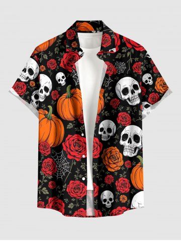 Halloween Skulls Rose Flower Pumpkin Spider Web Print Button Pocket Shirt For Men - RED WINE - 2XL