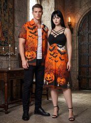 Tenue assortie pour couple Halloween citrouille chauve-souris toile d'araignée imprimé lune - Orange 