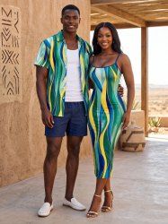 African Printed Matching Couple Outfit Curve Colorblock Hawaiian Set -  