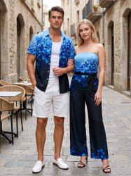 Tenue de plage hawaïenne assortie pour couples avec imprimé fleurs ombré et pois clairs - Bleu profond 