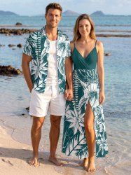 Tropical Leaf Hibiscus Flower Print Matching Hawaii Beach Outfit For Couples -  