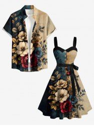 Flowers Leaf Colorblock Print Matching Hawaii Beach Outfit For Couples -  