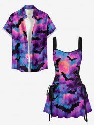 Ensemble Tie-Dye Ombré Galaxie Lune Chauve-Souris Imprimé Halloween pour Couples - Pourpre  