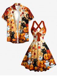 Tenue assortie à imprimé Halloween : citrouille, chat, fantôme et feuilles d'érable pour couples - Orange 