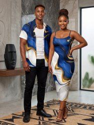 Ocean Current Colorblock Imprimé Assorti Tenue de Plage Hawaïenne pour Couples - Bleu profond 