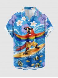Perroquet Skateboard Vagues Cocotier Fleurs Imprimé Hawaii Chemise à boutons et poche pour hommes - Pers 3XL