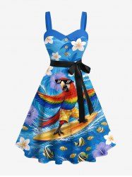 Robe en A boutonnée imprimé Hawaii perroquet skateboard vagues de mer cocotier fleur avec ceinture amovible - Pers L