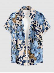 Chemise homme à imprimé léopard et fleurs Hawaii avec poche boutonnée - Bleu clair 3XL