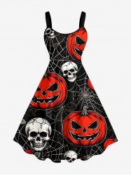 Halloween Pumpkin Spider Web Skulls Print Tank Dress(Adjustable Shoulder Strap) -  