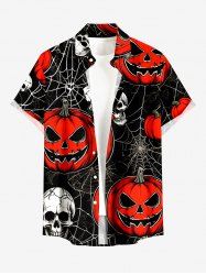 Halloween Pumpkin Spider Web Skulls Print Buttons Pocket Shirt For Men -  