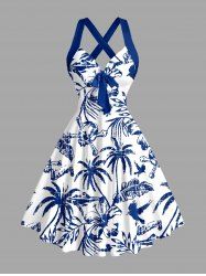 Robe débardeur Hawaï à imprimé crâne, cocotier, fleur et feuille, bretelles croisées et nœud - Bleu profond XL