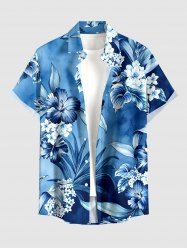 Chemise hawaïenne pour homme à imprimé feuilles tropicales et fleurs d'hibiscus, avec boutons et poche - Bleu 6XL