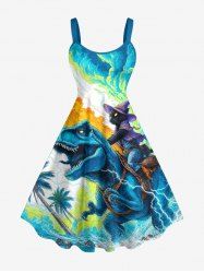 Coconut Tree Dinosaur Cat Sea Waves Print Hawaii A Line Dress -  
