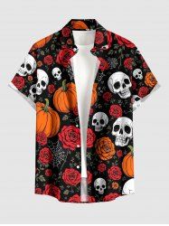 Halloween Skulls Rose Flower Pumpkin Spider Web Print Button Pocket Shirt For Men -  