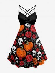 Robe trapèze à bretelles croisées et à fronces, avec imprimé Halloween (crânes, roses, citrouilles, toile d'araignée). - Rouge Vineux M
