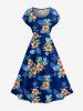 Robe trapèze à imprimé feuille tropicale et fleur d'hibiscus Hawaii - Cadetblue XXS