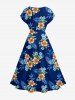 Robe trapèze à imprimé feuille tropicale et fleur d'hibiscus Hawaii - Cadetblue XXS