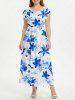 Robe midi Hawaii à imprimé aquarelle fleurs et épaules tombantes - Bleu 1X