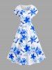Robe midi Hawaii à imprimé aquarelle fleurs et épaules tombantes - Bleu 1X
