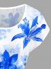 Robe midi Hawaii à imprimé aquarelle fleurs et épaules tombantes - Bleu 1X