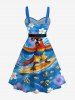 Robe en A boutonnée imprimé Hawaii perroquet skateboard vagues de mer cocotier fleur avec ceinture amovible - Pers L