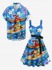 Robe trapèze à imprimé perroquet, skateboard, vagues, cocotier et fleurs, à boutons Hawaï, avec ceinture amovible - Pers 1X