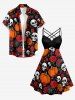 Robe trapèze à bretelles croisées et à fronces, avec imprimé Halloween (crânes, roses, citrouilles, toile d'araignée). - Rouge Vineux M