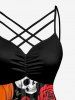 Robe trapèze à bretelles croisées et à fronces, avec imprimé Halloween (crânes, roses, citrouilles, toile d'araignée). - Rouge Vineux M