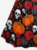 Robe trapèze à bretelles croisées et à fronces, avec imprimé Halloween (crânes, roses, citrouilles, toile d'araignée). - Rouge Vineux M